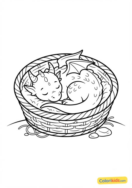 Coloriage à imprimer : petit dragon endormi en boule dans un panier en osier confortable