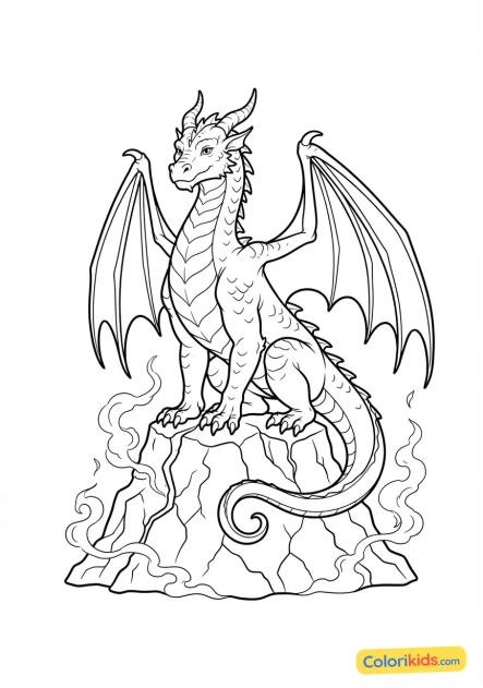 Coloriage à imprimer : dragon majestueux perché sur un rocher volcanique fumant