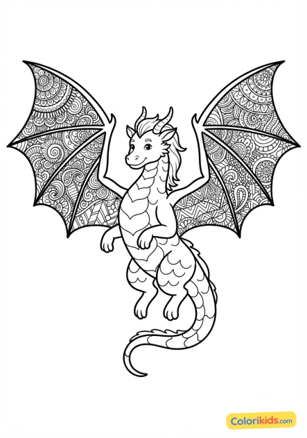Coloriage à imprimer : dragon majestueux avec des motifs zentangle complexes sur les ailes