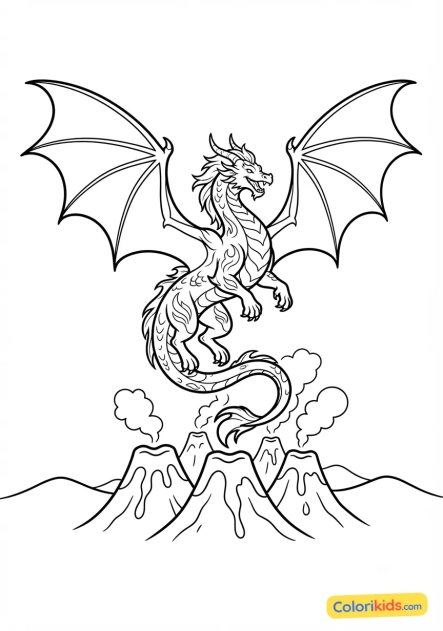 Coloriage à imprimer : dragon de feu majestueux déployant ses ailes au-dessus des volcans