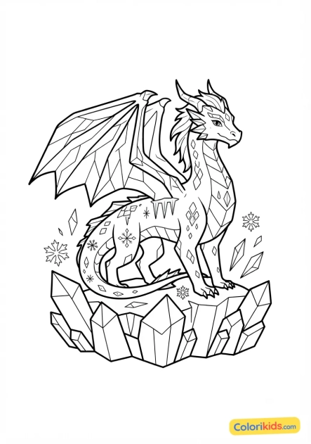 Coloriage à imprimer : dragon des glaces majestueux sur un glacier aux cristaux bleus