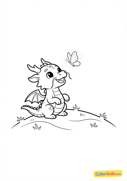 Coloriage à imprimer : petit dragon espiègle jouant avec un papillon lumineux sur une colline