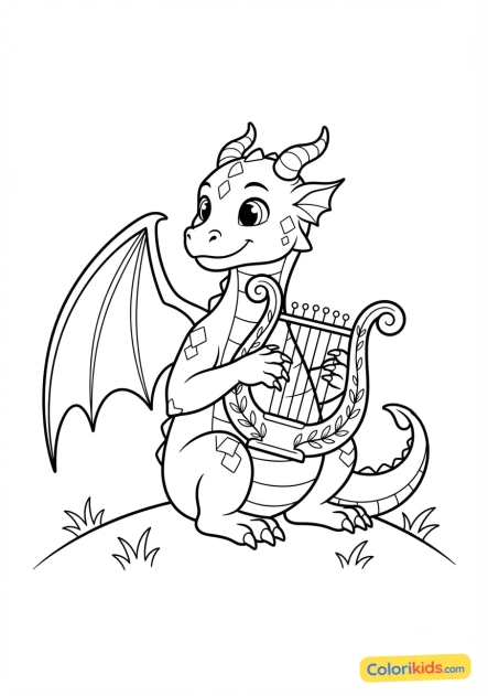 Coloriage à imprimer : dragon musicien jouant d'une lyre ancienne avec ses griffes délicates