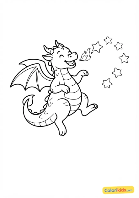 Coloriage à imprimer : dragon de feu joueur soufflant de petites flammes en forme d'étoiles