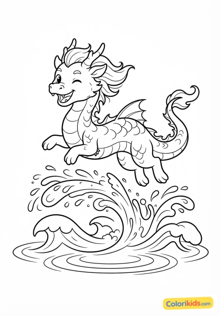 Coloriage à imprimer : dragon marin espiègle sautant hors de l'eau avec des embruns