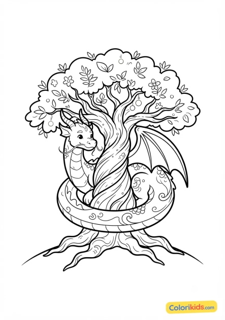 Coloriage à imprimer : dragon protecteur enroulé autour d'un grand arbre enchanté