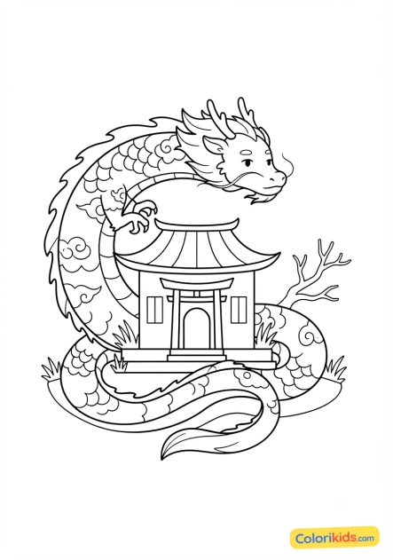 Coloriage à imprimer : dragon oriental protecteur enroulé autour d'un temple asiatique paisible
