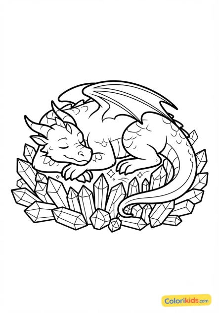 Coloriage à imprimer : dragon gardien endormi paisiblement sur un trésor de cristaux