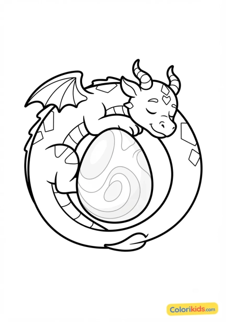 Coloriage à imprimer : dragon gardien endormi protégeant un oeuf nacré géant
