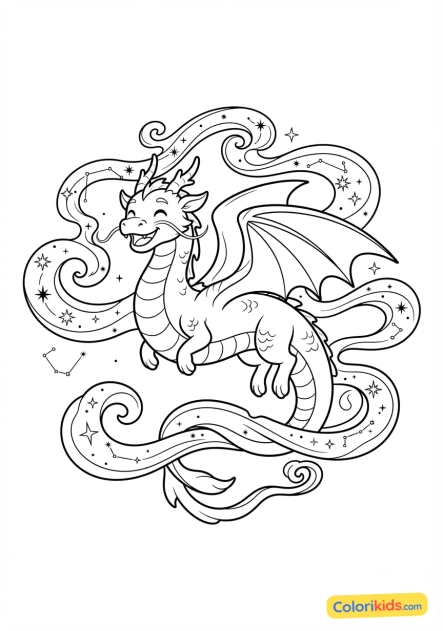 Coloriage à imprimer : dragon céleste souriant entouré de volutes de fumée étoilée