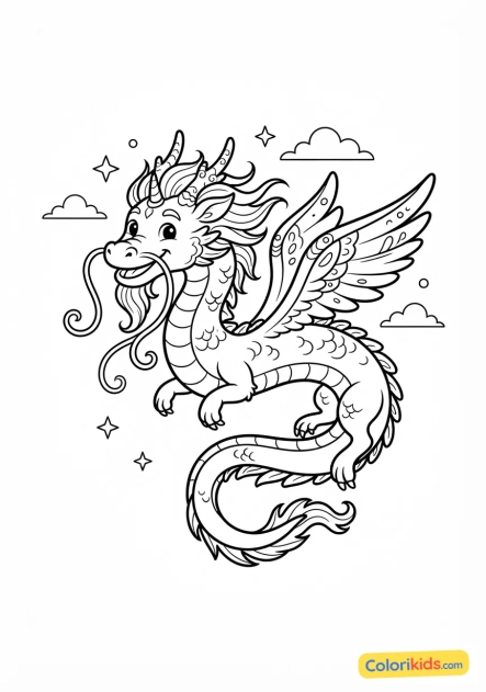 Coloriage à imprimer : dragon céleste souriant avec de longues moustaches fluides et douces