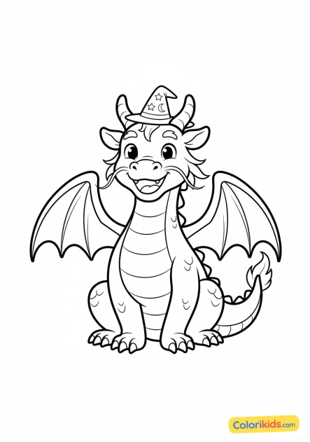 Coloriage à imprimer : dragon souriant portant un petit chapeau pointu de magicien