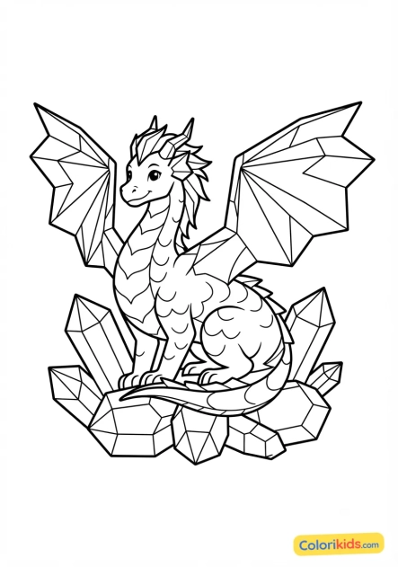 Coloriage à imprimer : dragon d'améthyste étincelant posé sur un lit de cristaux géants