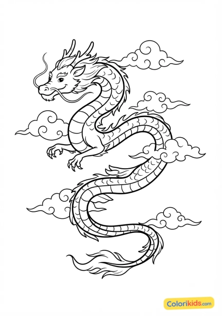 Coloriage à imprimer : dragon oriental sinueux planant gracieusement entre les nuages