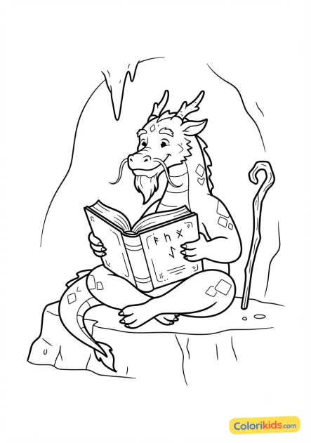 Coloriage à imprimer : dragon sage et vénérable lisant un grimoire ancien dans une grotte