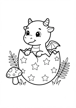 Voir le coloriage Bébé dragon éclos de son oeuf étoilé au coeur d'une forêt