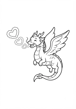 Voir le coloriage Dragon céleste crachant des anneaux de fumée en forme de coeur