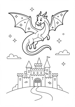 Voir le coloriage Dragon céleste planant au-dessus d'un château fort médiéval