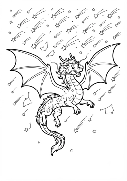 Voir le coloriage Dragon céleste aux ailes déployées sous une pluie d'étoiles filantes