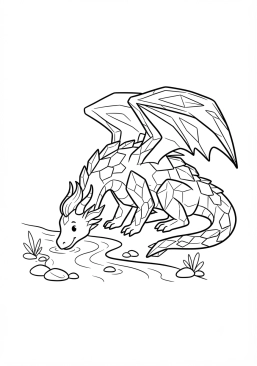 Voir le coloriage Dragon de cristal aux écailles scintillantes buvant à un ruisseau