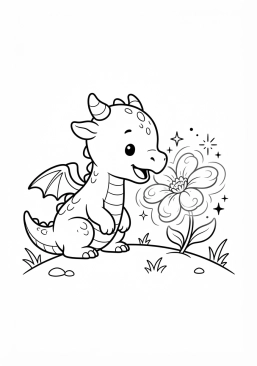Voir le coloriage Bébé dragon curieux reniflant une fleur magique lumineuse
