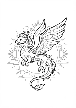 Voir le coloriage Dragon de l'aube aux teintes dorées et roses pastel