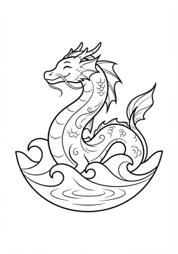 Voir le coloriage Dragon marin élégant émergeant calmement des vagues de l'océan