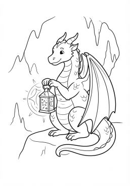 Voir le coloriage Dragon gardien tenant une lanterne magique éclairant sa grotte