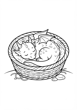 Voir le coloriage Petit dragon endormi en boule dans un panier en osier confortable