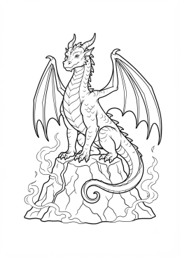 Voir le coloriage Dragon majestueux perché sur un rocher volcanique fumant