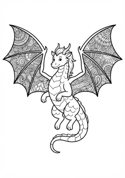 Voir le coloriage Dragon majestueux avec des motifs zentangle complexes sur les ailes