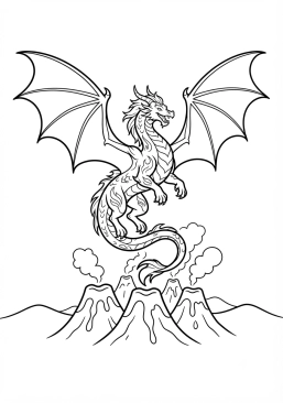 Voir le coloriage Dragon de feu majestueux déployant ses ailes au-dessus des volcans