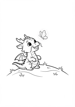 Voir le coloriage Petit dragon espiègle jouant avec un papillon lumineux sur une colline