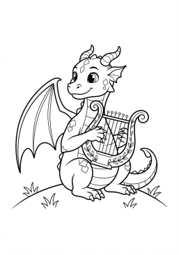 Voir le coloriage Dragon musicien jouant d'une lyre ancienne avec ses griffes délicates