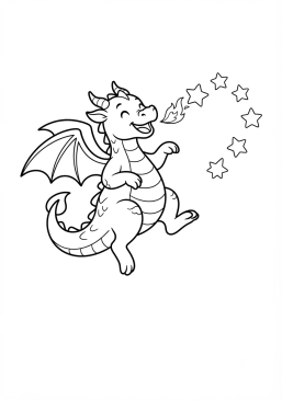 Voir le coloriage Dragon de feu joueur soufflant de petites flammes en forme d'étoiles