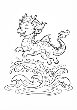 Voir le coloriage Dragon marin espiègle sautant hors de l'eau avec des embruns