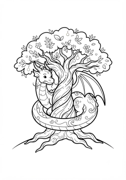 Voir le coloriage Dragon protecteur enroulé autour d'un grand arbre enchanté