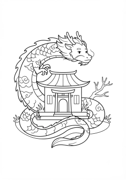 Voir le coloriage Dragon oriental protecteur enroulé autour d'un temple asiatique paisible