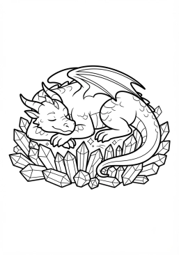 Voir le coloriage Dragon gardien endormi paisiblement sur un trésor de cristaux