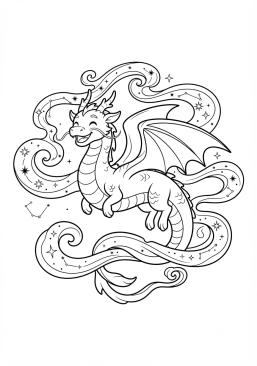 Voir le coloriage Dragon céleste souriant entouré de volutes de fumée étoilée