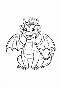Voir le coloriage Dragon souriant portant un petit chapeau pointu de magicien