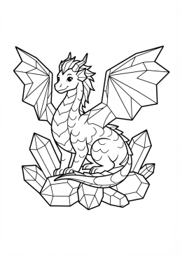 Voir le coloriage Dragon d'améthyste étincelant posé sur un lit de cristaux géants