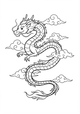 Voir le coloriage Dragon oriental sinueux planant gracieusement entre les nuages
