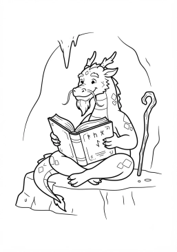 Voir le coloriage Dragon sage et vénérable lisant un grimoire ancien dans une grotte