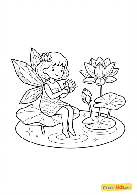Coloriage à imprimer : fée et fleurs de lotus aquatiques