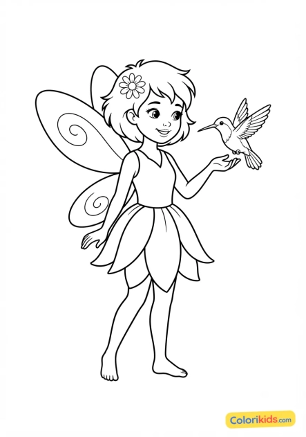 Coloriage à imprimer : fée et colibri curieux