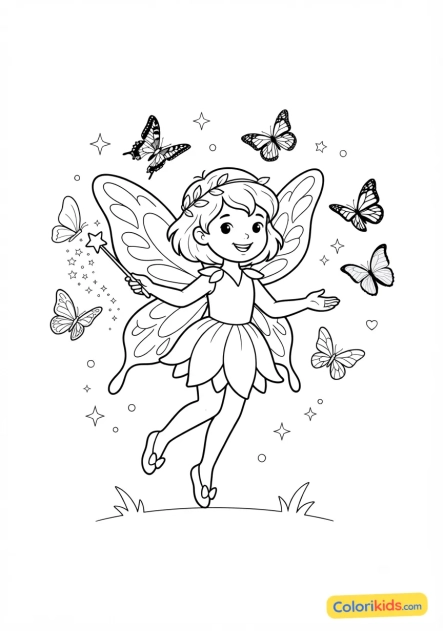 Coloriage à imprimer : fée et papillons voltigeurs
