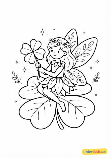 Coloriage à imprimer : fée et trèfle à quatre feuilles