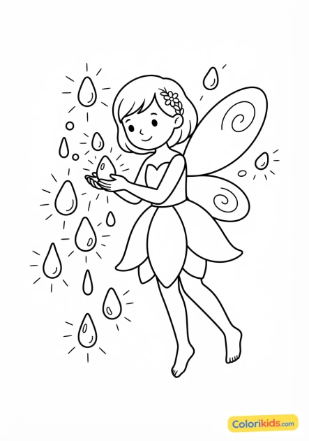 Coloriage à imprimer : fée et gouttes de rosée lumineuses