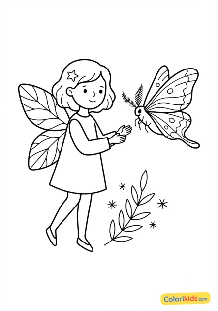 Coloriage à imprimer : fée et papillon de nuit gracieux